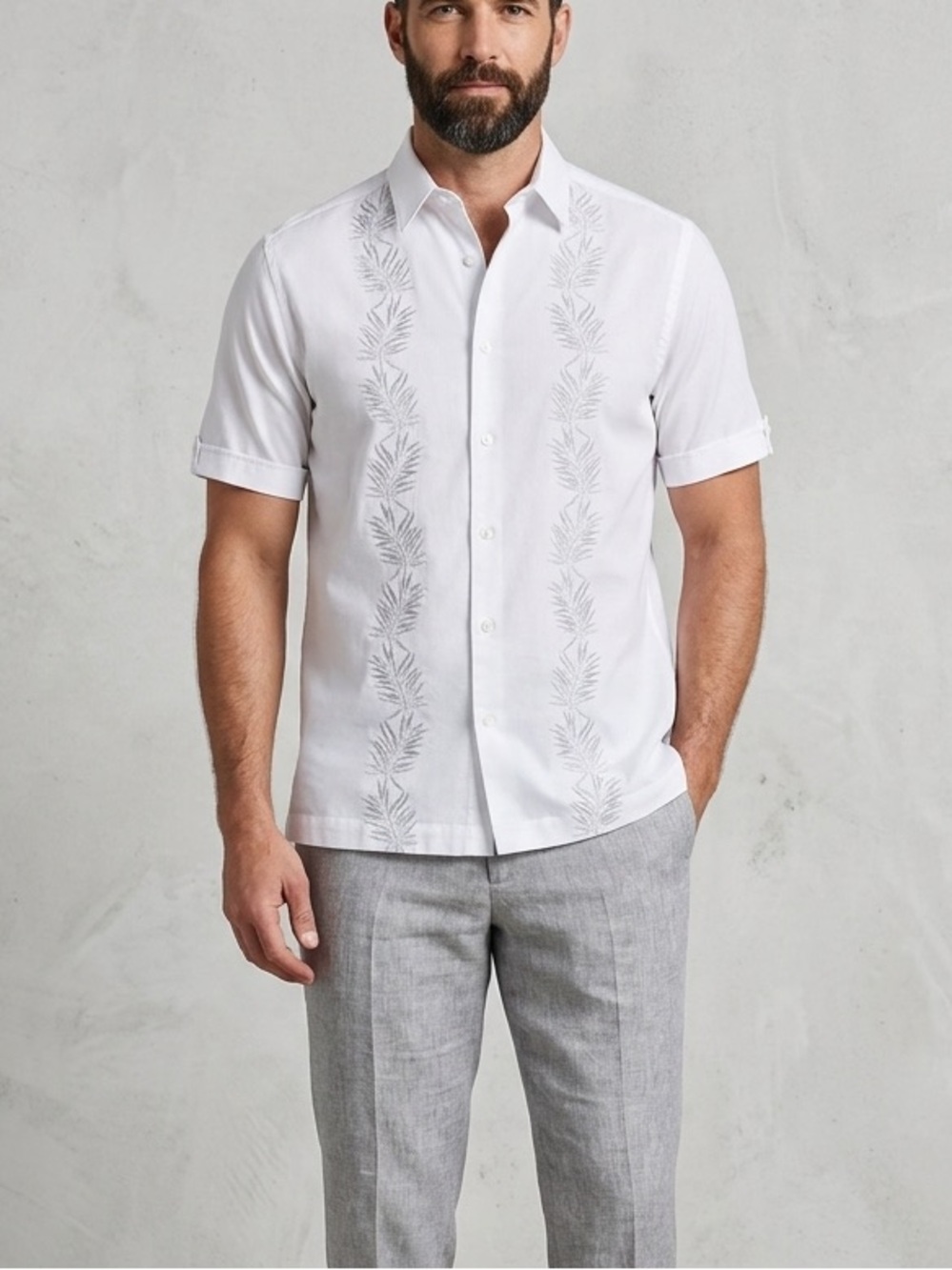 Cafe Luna Men's White Short-Sleeve Button-Down Shirt with Gray Leaf Embroidery